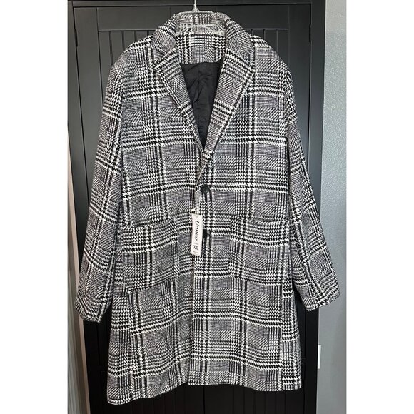 Wool Blend Coat Womens 2XL Black White Plaid Longline Overcoat Old Money Office - Picture 1 of 8